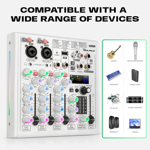 Vista 6 de Bolanle Mezclador DJ de 4 canales con 100 efectos DSP, interfaz de audio USB y Bluetooth, tarjeta de sonido profesional para podcast, karaoke