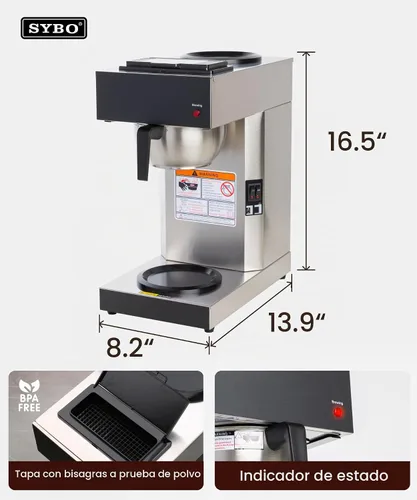 Vista 7 de SYBO - Cafetera comercial de 12 tazas con 2 calentadores Certificado ETL, acero inoxidable, cesta de preparación reutilizable, preparación rápida