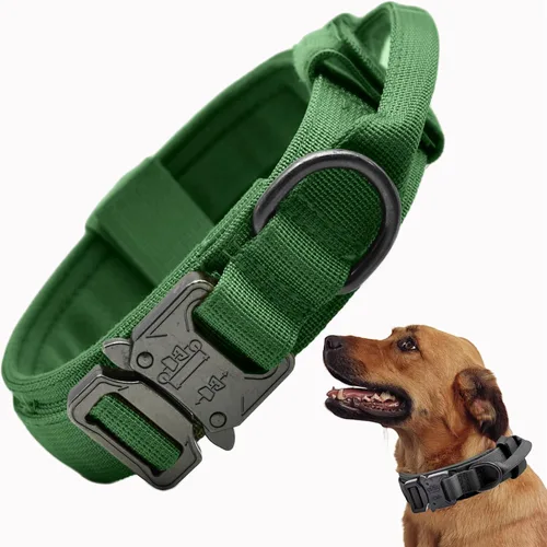 Vista 20 de Collar táctico para perro, collar ajustable de nailon para entrenamiento militar con mango de control y hebilla metálica de liberación rápida pesada