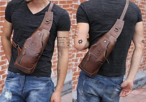Vista 2 de BULLCAPTAIN Bolsos de cuero genuino para hombre bandolera bandolera bandolera casual para hombre bolsa de pecho de viaje senderismo mochila (marrón)