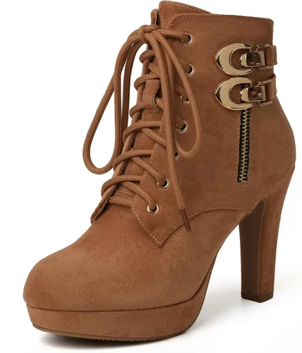 Vista 22 de Susanny Botas de tacón alto para mujer, Botas de plataforma con tacón sexy de puntera redonda con agujetas, tacón alto, botas de media pantorrilla