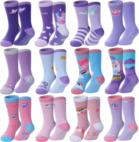 Vista 9 de Calcetines antideslizantes para niñas pequeñas, calcetines de algodón con agarres, 12 pares