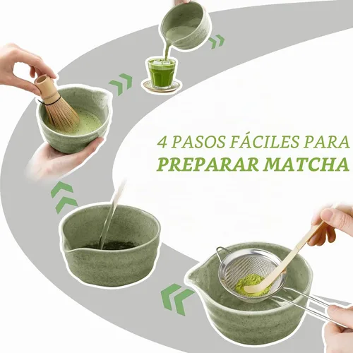 Vista 7 de Juego de batidor de matcha, cuenco de cerámica de 17 onzas con boquilla, cuchara de bambú y tamiz inoxidable, kit de 5 piezas de matcha verde jade