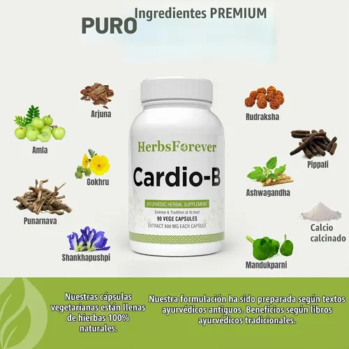 Vista 5 de Herbsforever Cardio-B Suplemento herbario ayurvédico 90 cápsulas vegetales 800 mg cada una