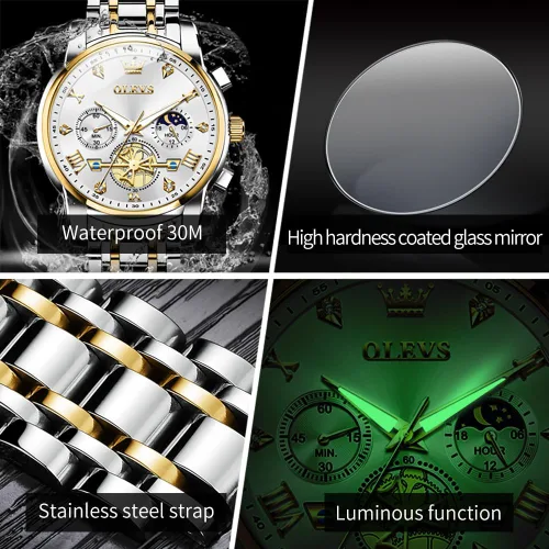 Vista 4 de OLEVS Watches for Men,Luxury Big Face Mens Watch Stainless Steel Quartz Analog Dress Watches for Men Luminous Multifunction Chronograph Man Watch