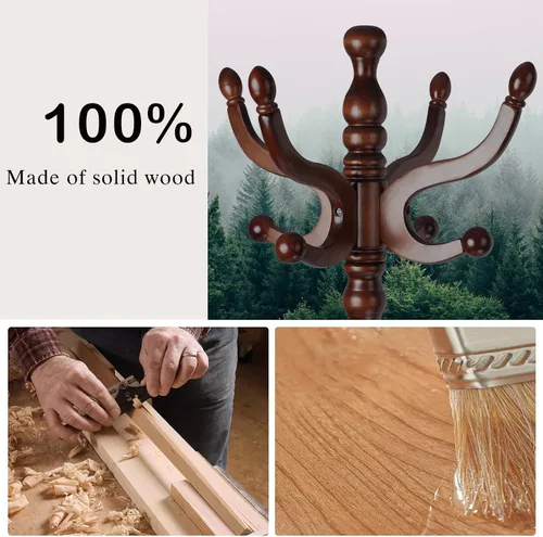 Vista 6 de Perchero de madera independiente, colgador de árbol de pasillo con ganchos de resina, perchero ajustable y resistente para colgar ropa, bolsos