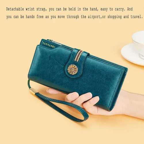 Vista 5 de VANNANBA Cartera larga y grande para mujer, de piel encerada con aceite RFID, cartera organizada, Azul eléctrico