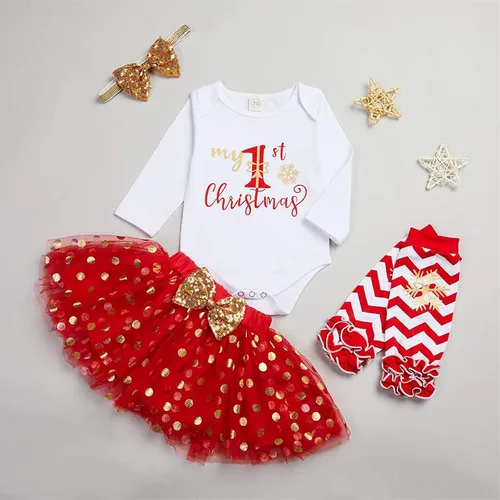 Vista 2 de My First Christmas Clothes Baby Girls My 1st Christmas Romper Top Falda tutú de puntos calentadores de piernas diadema y conjunto de 4 piezas