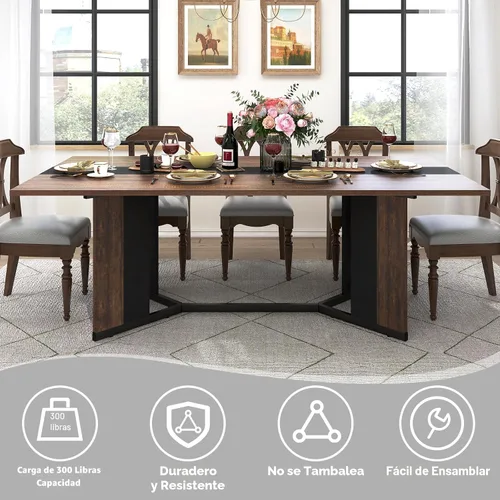Vista 6 de Hlivelood - Mesa de comedor de 71 pulgadas para 6 personas, mesa de cocina rectangular moderna color marrón con superficie de madera impermeable