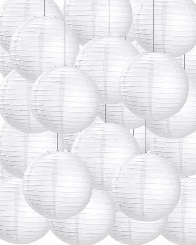Vista 8 de Treela Faroles de papel japoneses chinos blancos decorativos colgantes redondos de papel para decoración de bodas, fiestas de cumpleaños