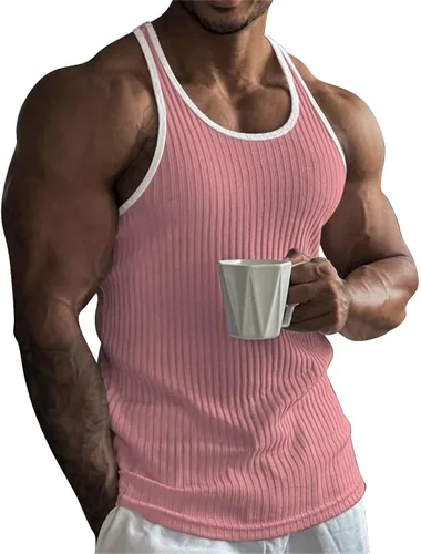 Vista 6 de Camisetas sin mangas para hombre, ajustadas, acanaladas, sin mangas, para gimnasio, entrenamiento, fisicoculturismo, camiseta sin mangas