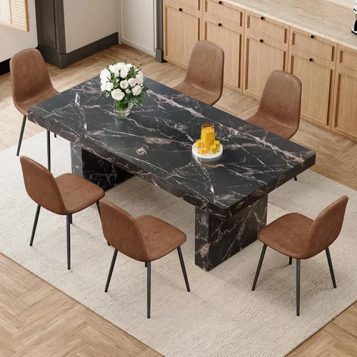 Vista 32 de gopop Mesa de comedor de mármol de 63 pulgadas, tablero de mesa de comedor MDF con patrón de mármol y base para cocina y comedor.
