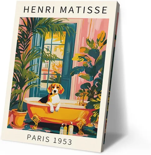 Vista 5 de Divertido perro baño pared arte Henri Matisse habitación estética retro rosa decoración Dachshund en la bañera lienzo pintura impresión obras