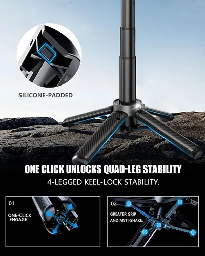 Vista 5 de Trípode de bolsillo para teléfono, trípode portátil 3 en 1 para selfie stick con control remoto, rotación de 360°, soporte de trípode para teléfono