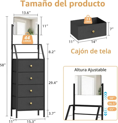 Vista 2 de HIGDBFE Tocador con espejo ajustable y 4 cajones, negro, 15.3 pulgadas de ancho