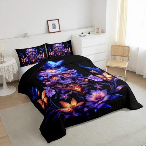 Vista 5 de Erosebridal Juego de ropa de cama de calavera gótica, flores mandala, mariposa hippie para niñas y niños, edredón de esqueleto de la muerte de Negro