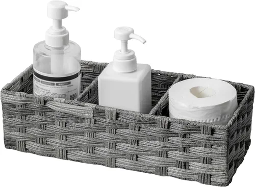 Vista 13 de Cesta de Papel para la Parte Superior del Tanque del Inodoro, Cesta Multiusos de Mimbre de Plástico Tejida a Mano, Contenedores con Divisor