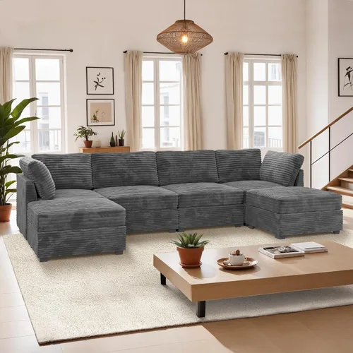 Vista 36 de Sofá seccional modular, conjunto de sofá en forma de L de 98" para sala de estar, 4 asientos cómodos tipo nube con sillas giratorias, combinación