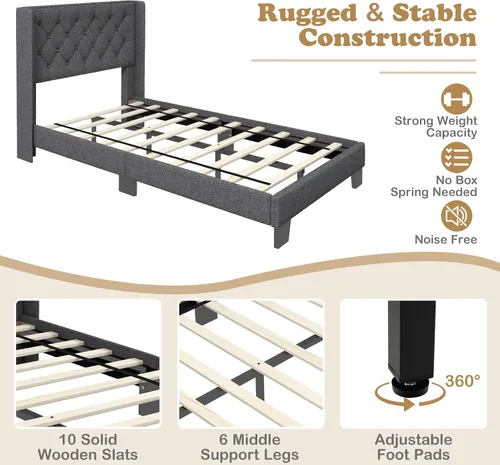 Vista 6 de Giantex Base de cama individual para niños, cama tapizada de tela moderna con cabecera capitoné con botones en la parte trasera de alas, base