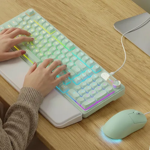 Vista 11 de Combo de teclado y mouse con cable C98, teclados de computadora con cable con palma de muñeca, teclas de doble disparo, teclado silencioso con Blanco