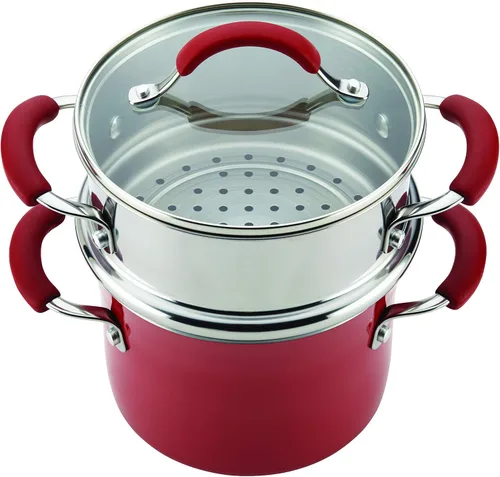 Vista 4 de Rachael Ray juego de ollas esmaltadas cubiertas de antiadherente con vaporera, Rojo arándano