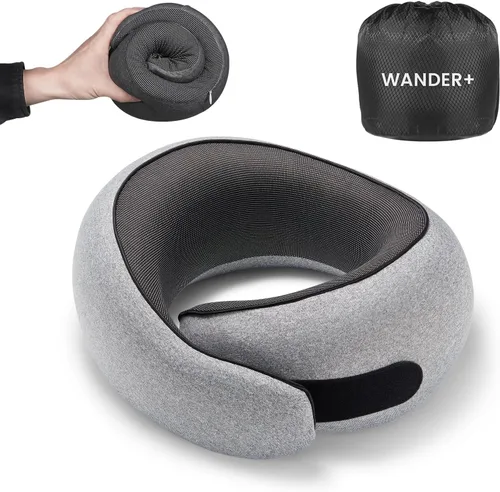 Vista 10 de Almohada de viaje WANDER PLUS®, 100% espuma viscoelástica pura, almohada cervical de viaje, soporte para el cuello en avión, diseño ergonómico Negro