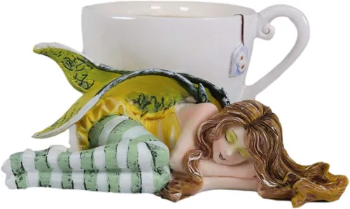 Vista 2 de Ebros Gift Amy Brown Fantasy Manzanilla calmante en taza de té con figura de hadas durmiendo escultura festiva coleccionable