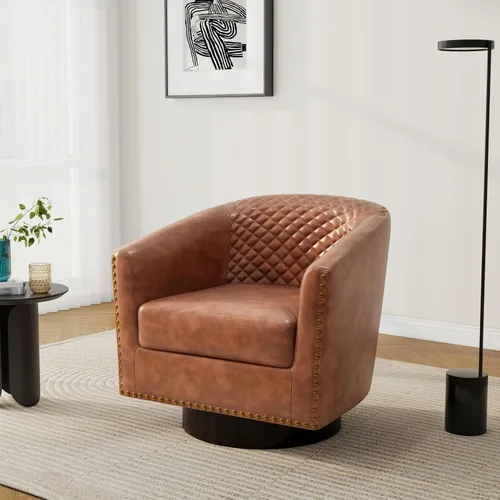 Vista 13 de Pia Ricco Silla de Acento Tipo Barril de Cuero Sintético, Silla de Club Moderna con Brazos, Cómoda Silla Individual Tapizada con Patas de Madera