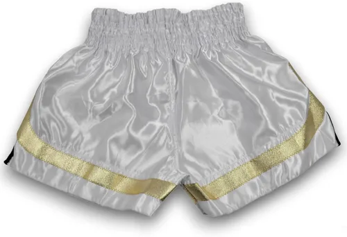 Vista 2 de MMA Boxeo Muay Thai Shorts en satén blanco negro oro corte letras