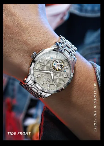 Vista 27 de OLEVS Relojes automáticos para hombre, oro de lujo, vestido de diamantes de cuerda automática, esqueleto mecánico, Tourbillon, reloj de pulsera
