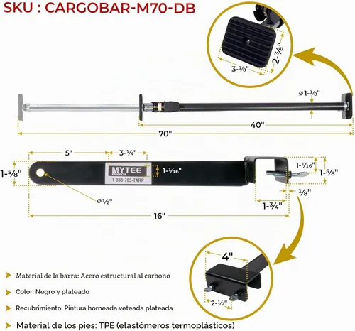 Vista 6 de Mytee Products Barra de Bloqueo de Carga Ajustable de Servicio Pesado de 40"-70" con Barra Divisora de 16" y Red de Almacenamiento para Sujeción