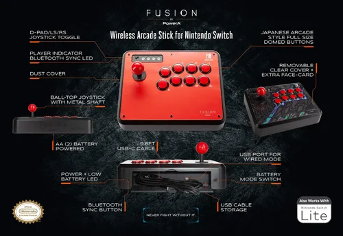 Vista 2 de PowerA Fusion Wireless Arcade Stick for Nintendo Switch, Lite, Fight Stick, Gamepad, Game Controller, Bluetooth Controller, AA - Nintendo Switch