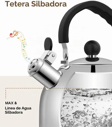 Vista 3 de Tetera para estufa - Tetera de acero inoxidable, hervidor de 2 litros para acampar, calefacción eficiente, silbato audible, mango seguro - hervidor