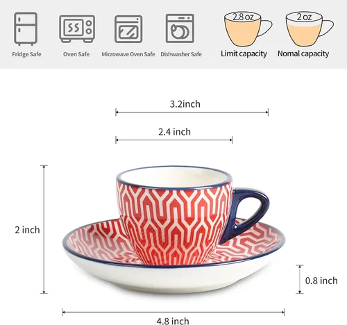 Vista 3 de Selamica Tazas de café expreso de cerámica de 2 onzas, juego de tazas de café expresso pequeñas con platillos, mini tazas demitasse de porcelana