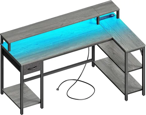 Vista 12 de SUPERJARE Escritorio reversible en forma de L de 47 pulgadas con luces LED y tomas de corriente, escritorio para computadora con estantes y soporte