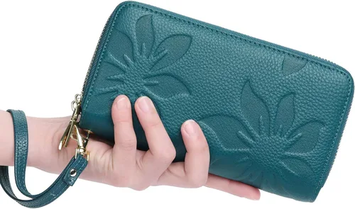 Vista 5 de GOIACII Cartera de mujer de gran capacidad con doble cremallera para mujer, soporte para teléfono con bloqueo RFID, correa de cuero, A02 Verde