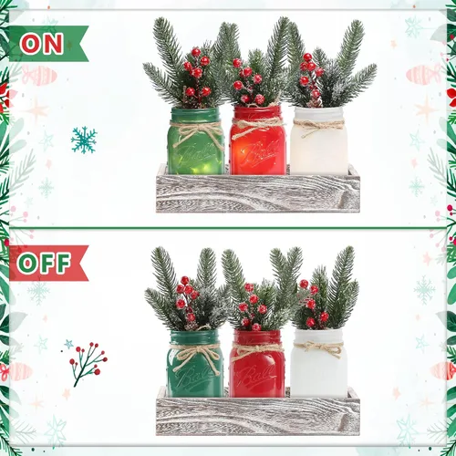Vista 4 de Tarros de cristal de Navidad, centro de mesa de Navidad para mesa, juego de 3 tarros de albañil coloridos con luces y plantas artificiales