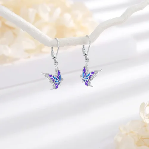 Vista 302 de Aretes colgantes de plata de ley con diseño de árbol de la vida, flor, abeja, animales, gato, colibrí, piedra lunar, turquesa, aretes con cierre