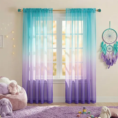 Vista 15 de Cortinas rosas y verdes para decoración de dormitorio de sirena, juego de 1 panel transparente, con bolsillo para barra, cortinas de sirena