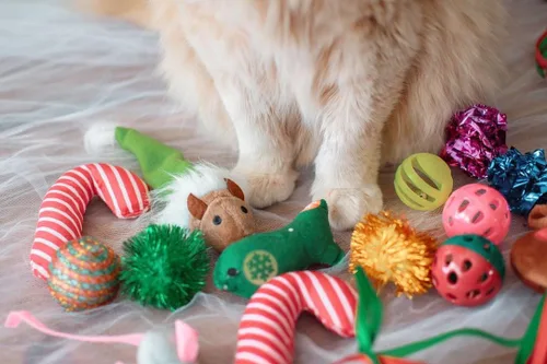 Vista 6 de Midlee Juego de regalo de juguete para gatos con calcetines navideños (14 juguetes) - Bastones de caramelo, campanas, ratones y gatitos