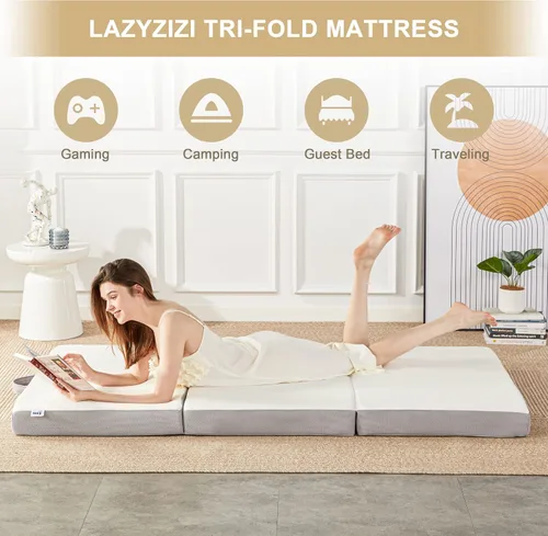 Vista 5 de Lazyzizi Colchón plegable, de espuma viscoelástica de 4 pulgadas, triple pliegue con funda de tela de fibra de bambú transpirable, colchón plegable