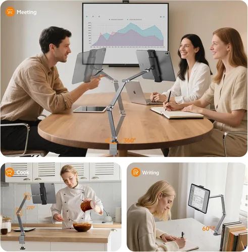 Vista 5 de LULULOOK Soporte para tablet iPad para escritorio, aluminio resistente giratorio de 360° y soporte plegable para Kindle para cama, soporte para iPad