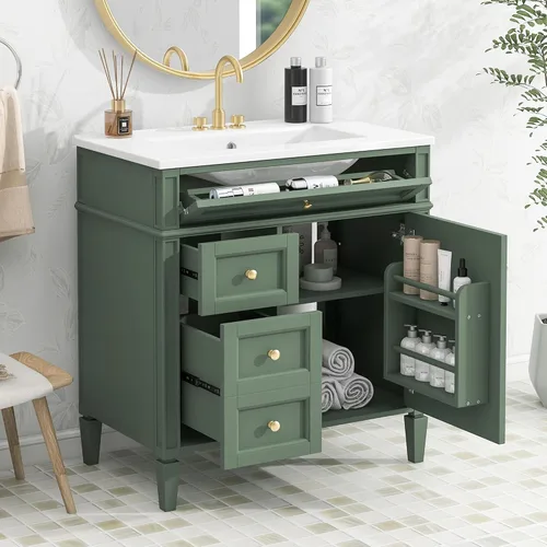 Vista 12 de Virubi Tocador de baño de 30" con fregadero de cerámica, gabinete de almacenamiento moderno