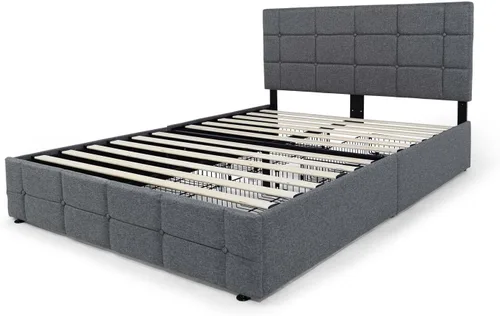 Vista 7 de Fencer Wire Base de cama de almacenamiento tapizada con 4 cajones y cabecera ajustable, botón cuadrado cosido acolchonado, marco de cama