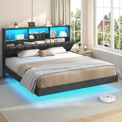 Vista 9 de VIAGDO Base de cama flotante tamaño Twin con cabecera y almacenamiento, base de cama tapizada de plataforma Twin con estación de carga USB y Tipo C