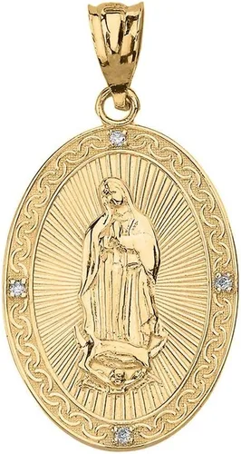 Vista 2 de Collar con colgante ovalado de oro amarillo de 10 quilates con diamantes de la Virgen de Guadalupe (grande)