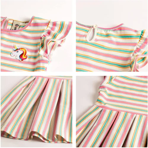Vista 5 de WELAKEN Vestido de lentejuelas unicornio con rayas arcoíris para niñas pequeñas y niños II vestidos casuales con mangas con volantes