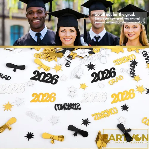 Vista 3 de Decoraciones de fiesta de graduación 2026, centros de mesa de confeti de graduación de oro negro para suministros de fiesta de graduación