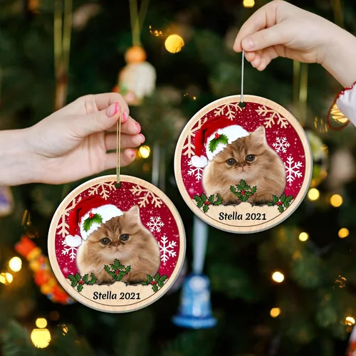 Vista 4 de Adorno de cerámica de Navidad de gato persa, adorno personalizado con nombre de gato de Navidad 02 lados, decoración colgante de árbol de Navidad