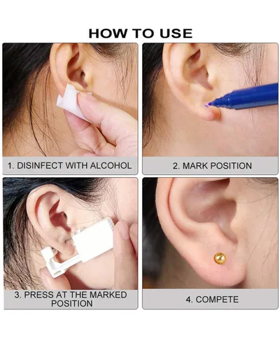 Vista 5 de Kit de perforación de oreja, 2 piezas, sin dolor, fácil de usar en casa, kit de pistola de perforación de oreja con aretes (dorado)